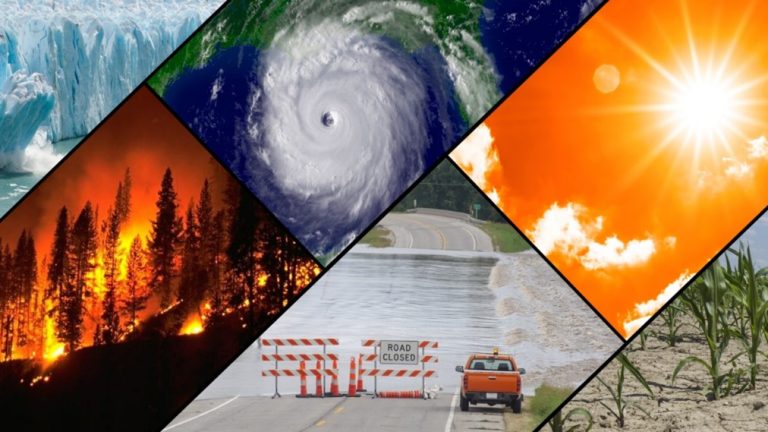 Collage with image of climate issues such as huge fires, dry fields etc.